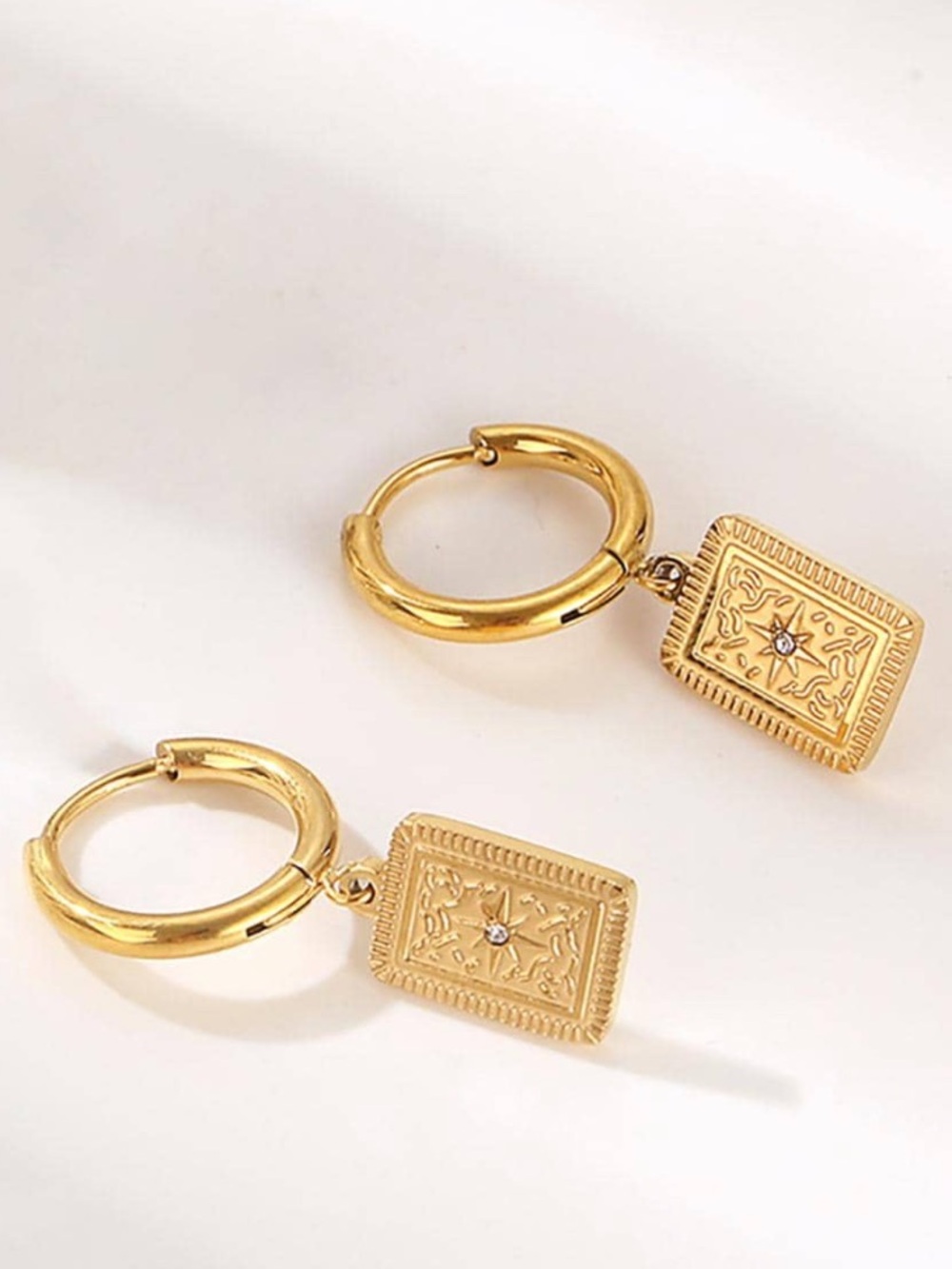 Gold Rectangular Medallion Hoop Earrings - Women Jewelry